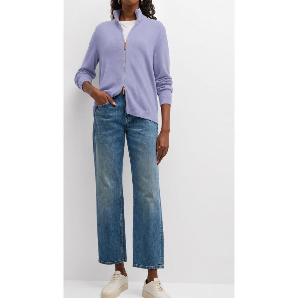 Lafayette 148 New York Cotton Silk Zip Bomber Cardigan Sweater Venetian sky, leg